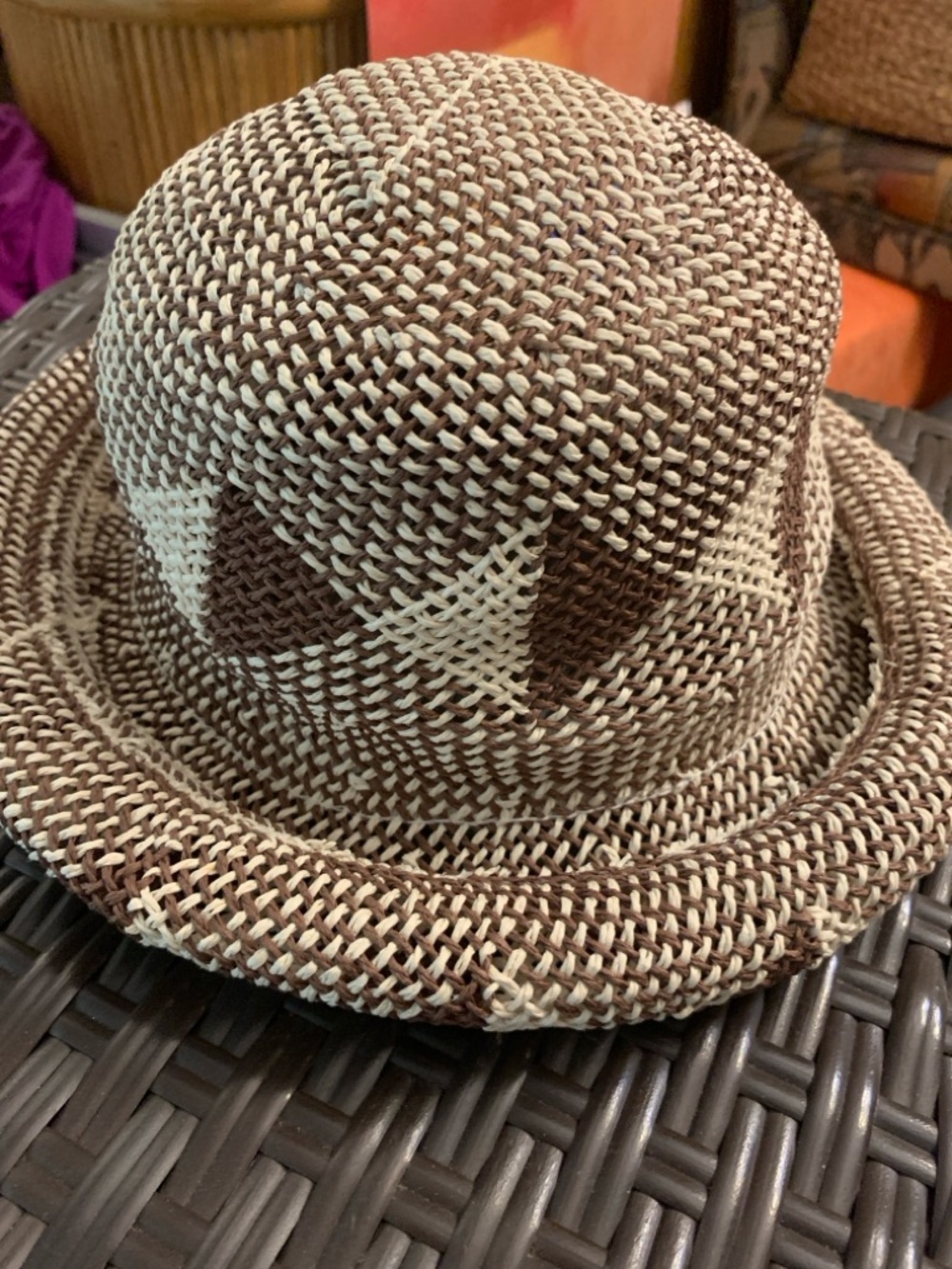 Straw Sun Hat Short Rolled Brim Woven Stripes Natural Brown Cocoa Italian